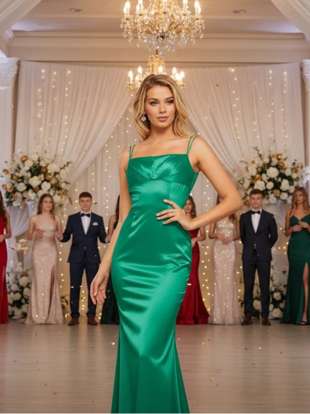 Sherri Hill Emerald Satin Prom Gown with Double Spaghetti Straps